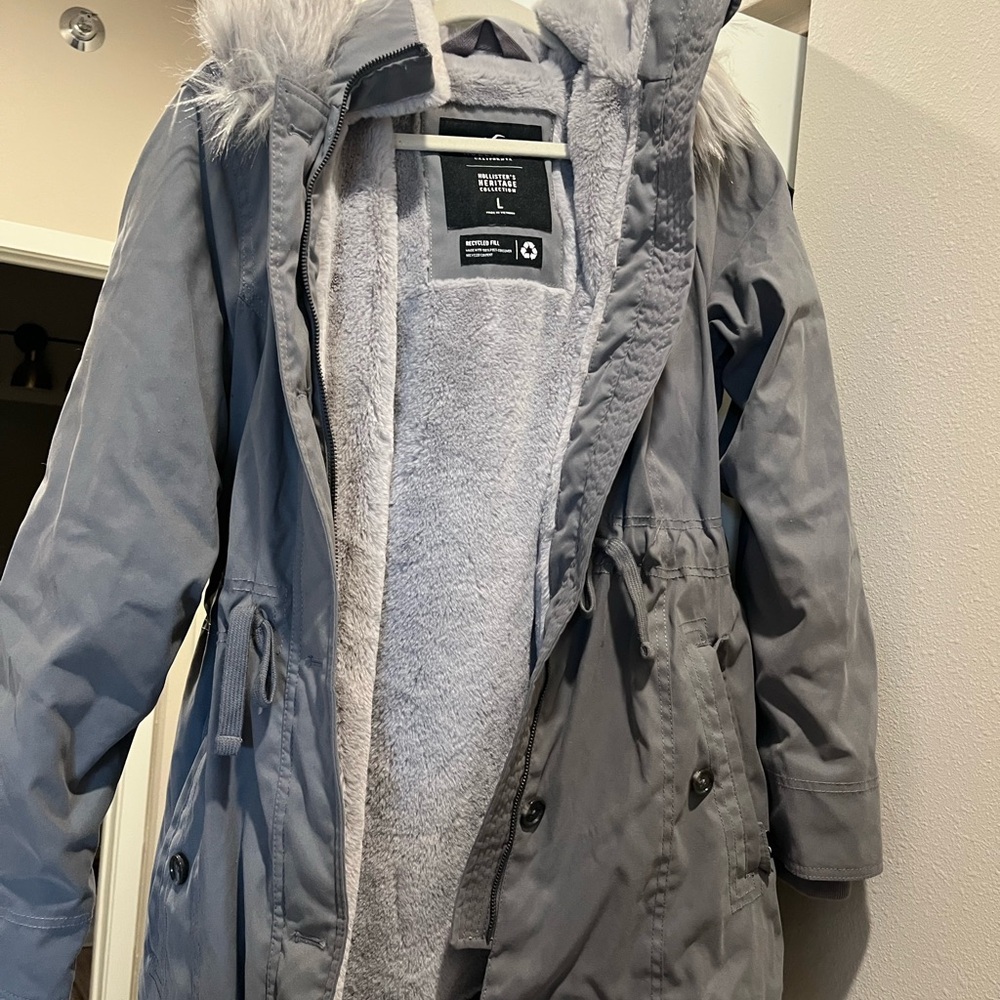 Gray Hooded Parka with Faux Fur Trim